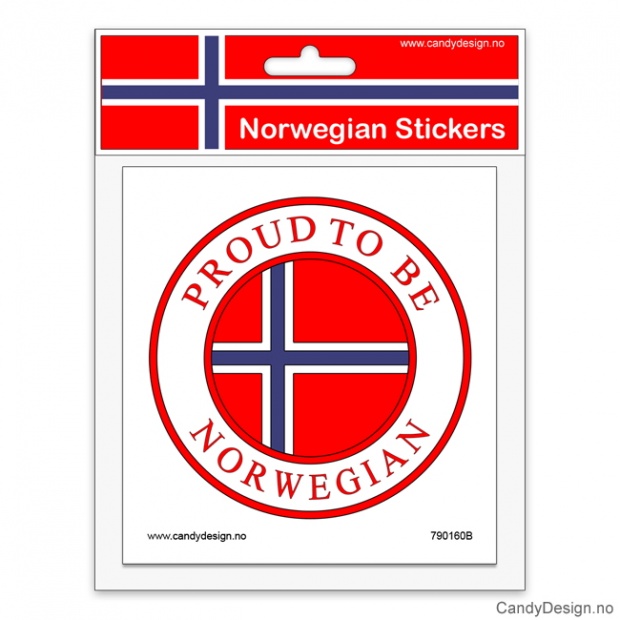 Runde suvenir klistremerker med Proud to be Norwegian og Norsk flagg