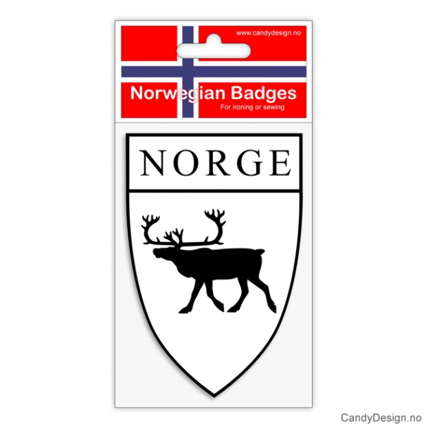 Broderte suvenir jakkemerke med reinsdyr og Norge