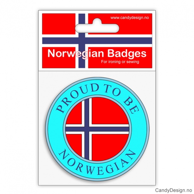 Broderte runde suvenir jakkemerke med Proud to be Norwegian og Norsk flagg